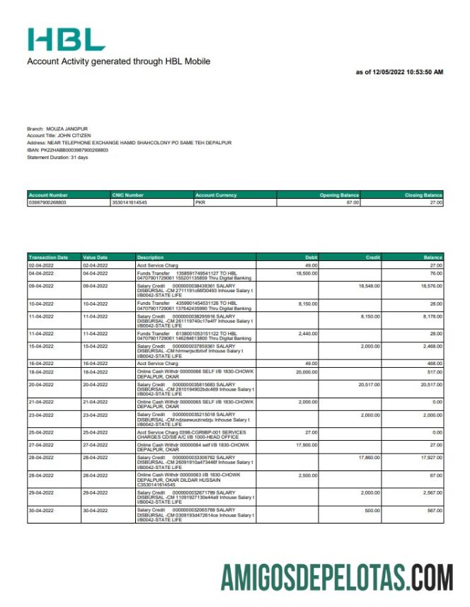 Exemplo de extrato bancário HBL do Paquistão